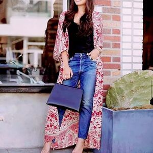 Vintage Floral Border Print Maxi Kimono Duster